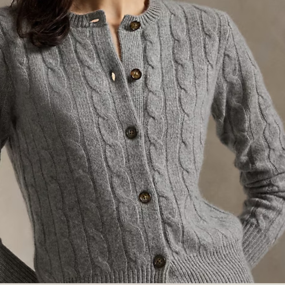 Polo Ralph Lauren Grey CASHMERE (L)Cable-Knit SFA Crewneck Cardigan -Like New